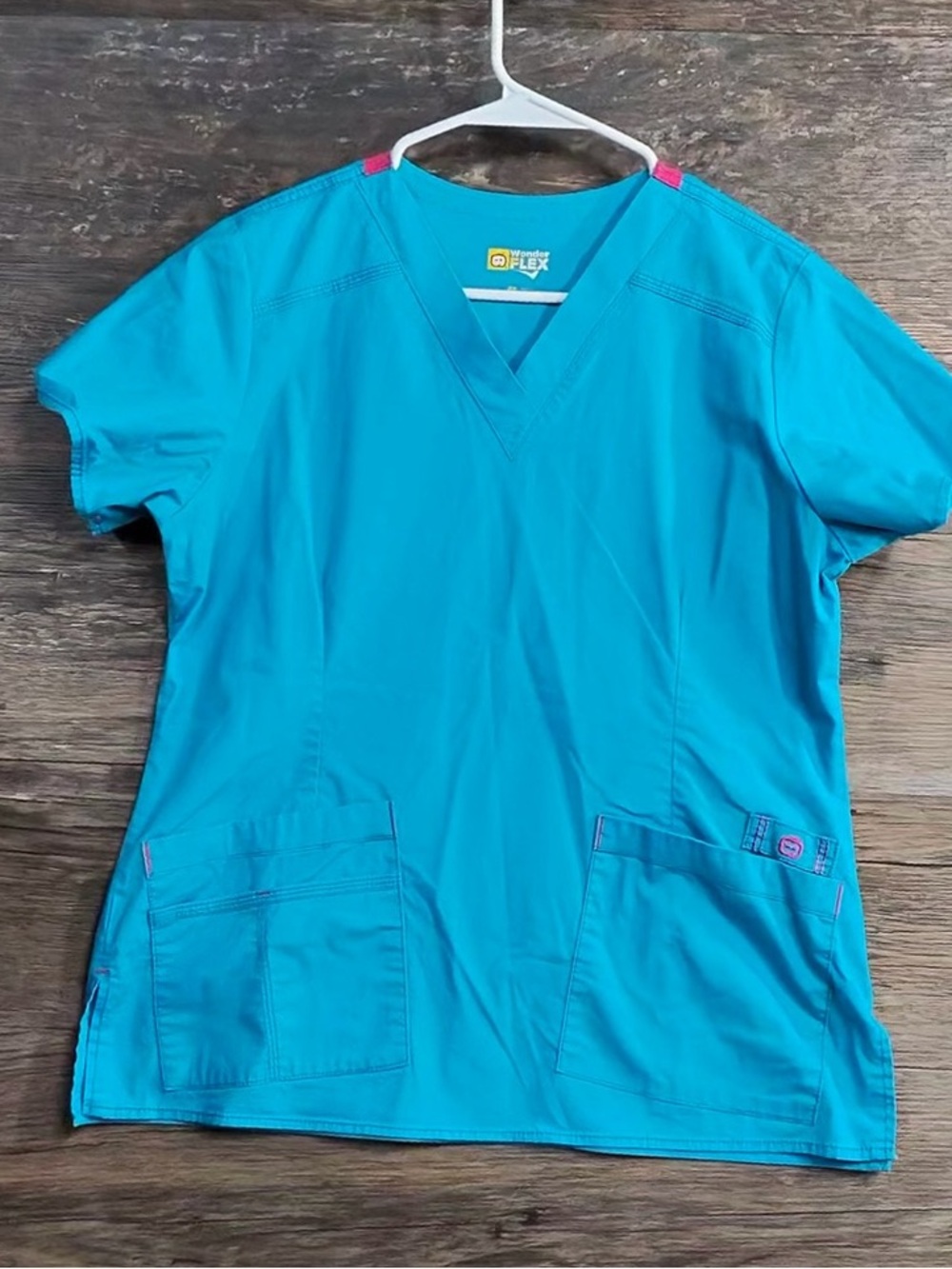 WonderWink Teal V-Neck Scrub Top with Pink Accents